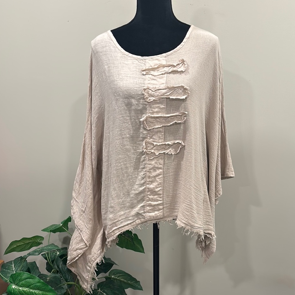 Liabella Beige Linen Poncho Top with Fringe